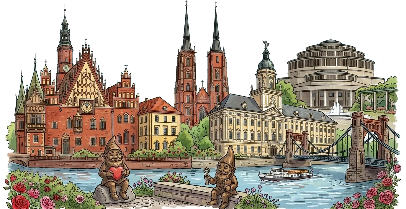 Rysunek symboli Wrocławia: Ratusz, katedra, Uniwersytet, Hala Stulecia, most Grunwaldzki i krasnale wśród róż